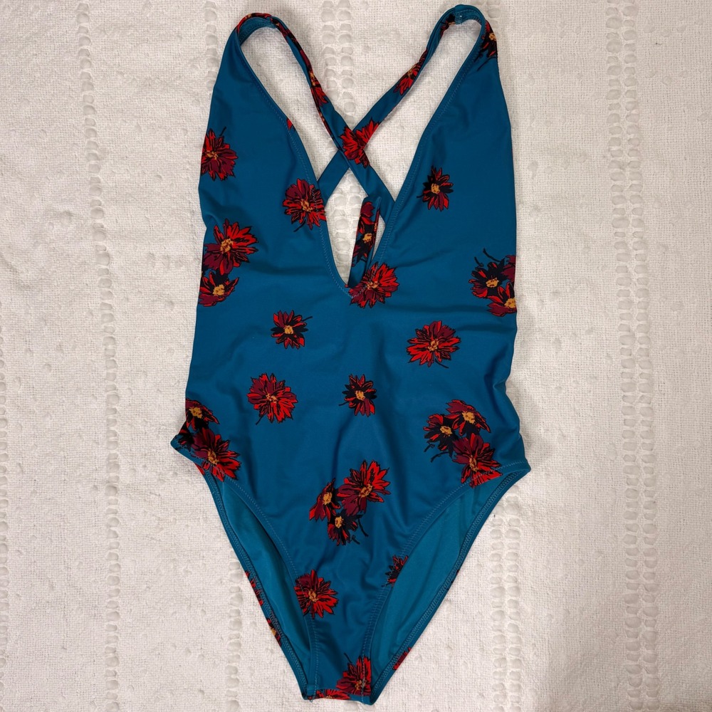 Volcom Womens Teal Blue Red Floral Plunge One Piece Swimsuit Size M Tie Back